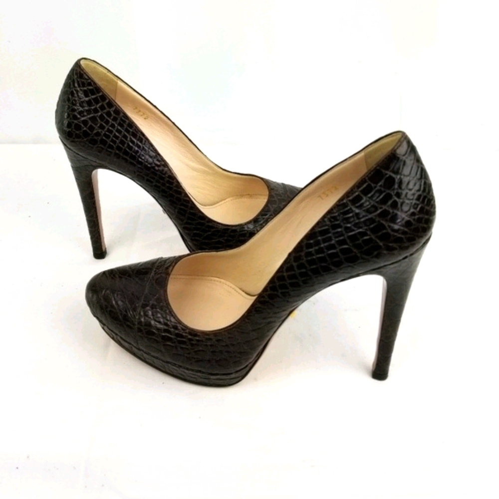 Prada Brown Crocodile Embossed Leather Stiletto Heels Pumps size 37.5 - Picture 4 of 9